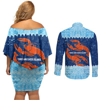 Turks and Caicos Islands Couples Matching Off Shoulder Short Dress and Long Sleeve Button Shirt with Red Crab and Ocean Wave Coral Reef Design - Wonder Print Shop