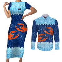 Turks and Caicos Islands Couples Matching Short Sleeve Bodycon Dress and Long Sleeve Button Shirt with Red Crab and Ocean Wave Coral Reef Design - Wonder Print Shop