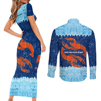 Turks and Caicos Islands Couples Matching Short Sleeve Bodycon Dress and Long Sleeve Button Shirt with Red Crab and Ocean Wave Coral Reef Design - Wonder Print Shop