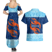 Turks and Caicos Islands Couples Matching Summer Maxi Dress and Hawaiian Shirt with Red Crab and Ocean Wave Coral Reef Design - Wonder Print Shop