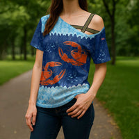 Turks and Caicos Islands Cross Shoulder Shirt with Red Crab and Ocean Wave Coral Reef Design - Wonder Print Shop