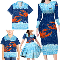 Turks and Caicos Islands Family Matching Long Sleeve Bodycon Dress and Hawaiian Shirt with Red Crab and Ocean Wave Coral Reef Design - Wonder Print Shop
