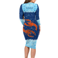 Turks and Caicos Islands Family Matching Long Sleeve Bodycon Dress and Hawaiian Shirt with Red Crab and Ocean Wave Coral Reef Design - Wonder Print Shop