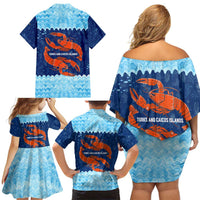 Turks and Caicos Islands Family Matching Off Shoulder Short Dress and Hawaiian Shirt with Red Crab and Ocean Wave Coral Reef Design - Wonder Print Shop