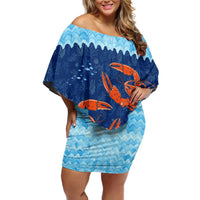 Turks and Caicos Islands Family Matching Off Shoulder Short Dress and Hawaiian Shirt with Red Crab and Ocean Wave Coral Reef Design - Wonder Print Shop