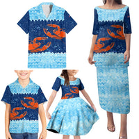 Turks and Caicos Islands Family Matching Puletasi and Hawaiian Shirt with Red Crab and Ocean Wave Coral Reef Design - Wonder Print Shop