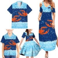 Turks and Caicos Islands Family Matching Summer Maxi Dress and Hawaiian Shirt with Red Crab and Ocean Wave Coral Reef Design - Wonder Print Shop