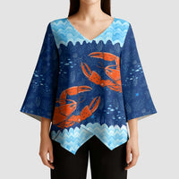 Turks and Caicos Islands Kimono Sleeve Blouse with Red Crab and Ocean Wave Coral Reef Design - Wonder Print Shop