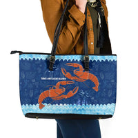 Turks and Caicos Islands Leather Tote Bag with Red Crab and Ocean Wave Coral Reef Design - Wonder Print Shop