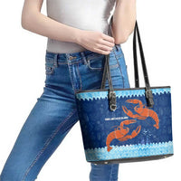 Turks and Caicos Islands Leather Tote Bag with Red Crab and Ocean Wave Coral Reef Design - Wonder Print Shop