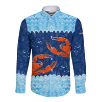 Turks and Caicos Islands Long Sleeve Button Shirt with Red Crab and Ocean Wave Coral Reef Design - Wonder Print Shop