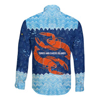 Turks and Caicos Islands Long Sleeve Button Shirt with Red Crab and Ocean Wave Coral Reef Design - Wonder Print Shop