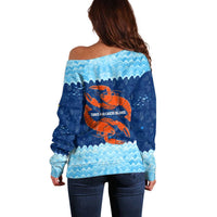 Turks and Caicos Islands Off Shoulder Sweater with Red Crab and Ocean Wave Coral Reef Design - Wonder Print Shop