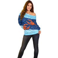 Turks and Caicos Islands Off Shoulder Sweater with Red Crab and Ocean Wave Coral Reef Design - Wonder Print Shop