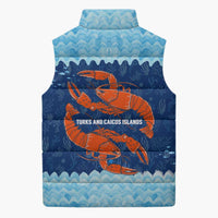 Turks and Caicos Islands Sleeveless Puffer Jacket with Red Crab and Ocean Wave Coral Reef Design - Wonder Print Shop