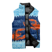 Turks and Caicos Islands Sleeveless Puffer Jacket with Red Crab and Ocean Wave Coral Reef Design - Wonder Print Shop
