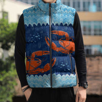 Turks and Caicos Islands Sleeveless Puffer Jacket with Red Crab and Ocean Wave Coral Reef Design - Wonder Print Shop