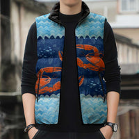 Turks and Caicos Islands Sleeveless Puffer Jacket with Red Crab and Ocean Wave Coral Reef Design - Wonder Print Shop