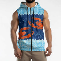 Turks and Caicos Islands Sleeveless Zip Hoodie with Red Crab and Ocean Wave Coral Reef Design - Wonder Print Shop