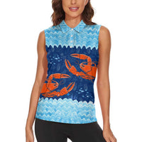 Turks and Caicos Islands Women Sleeveless Polo Shirt with Red Crab and Ocean Wave Coral Reef Design - Wonder Print Shop
