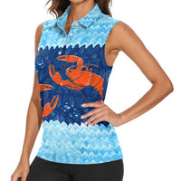 Turks and Caicos Islands Women Sleeveless Polo Shirt with Red Crab and Ocean Wave Coral Reef Design - Wonder Print Shop
