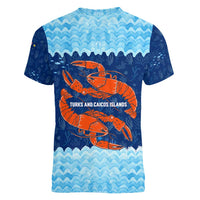 Turks and Caicos Islands Women V-Neck T-Shirt with Red Crab and Ocean Wave Coral Reef Design - Wonder Print Shop