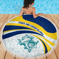 Turks and Caicos Islands Beach Blanket with Sea Shell Graphic and Yellow Blue Wave Design - Wonder Print Shop