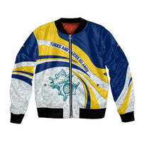 Turks and Caicos Islands Bomber Jacket with Sea Shell Graphic and Yellow Blue Wave Design - Wonder Print Shop