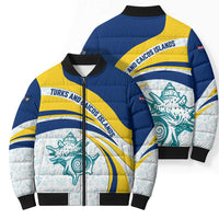 Turks and Caicos Islands Bomber Puffer Jacket with Sea Shell Graphic and Yellow Blue Wave Design - Wonder Print Shop