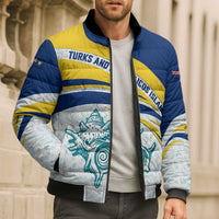 Turks and Caicos Islands Bomber Puffer Jacket with Sea Shell Graphic and Yellow Blue Wave Design - Wonder Print Shop