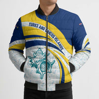 Turks and Caicos Islands Bomber Puffer Jacket with Sea Shell Graphic and Yellow Blue Wave Design - Wonder Print Shop