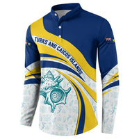 Turks and Caicos Islands Button Sweatshirt with Sea Shell Graphic and Yellow Blue Wave Design - Wonder Print Shop