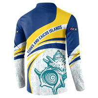 Turks and Caicos Islands Button Sweatshirt with Sea Shell Graphic and Yellow Blue Wave Design - Wonder Print Shop