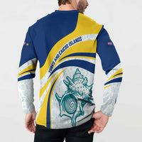 Turks and Caicos Islands Button Sweatshirt with Sea Shell Graphic and Yellow Blue Wave Design - Wonder Print Shop
