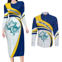 Turks and Caicos Islands Couples Matching Long Sleeve Bodycon Dress and Long Sleeve Button Shirt with Sea Shell Graphic and Yellow Blue Wave Design - Wonder Print Shop