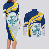 Turks and Caicos Islands Couples Matching Long Sleeve Bodycon Dress and Long Sleeve Button Shirt with Sea Shell Graphic and Yellow Blue Wave Design - Wonder Print Shop