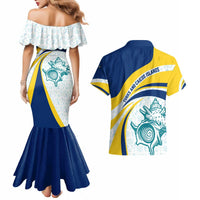 Turks and Caicos Islands Couples Matching Mermaid Dress and Hawaiian Shirt with Sea Shell Graphic and Yellow Blue Wave Design - Wonder Print Shop