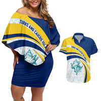 Turks and Caicos Islands Couples Matching Off Shoulder Short Dress and Hawaiian Shirt with Sea Shell Graphic and Yellow Blue Wave Design - Wonder Print Shop
