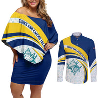 Turks and Caicos Islands Couples Matching Off Shoulder Short Dress and Long Sleeve Button Shirt with Sea Shell Graphic and Yellow Blue Wave Design - Wonder Print Shop