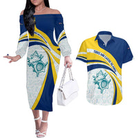 Turks and Caicos Islands Couples Matching Off The Shoulder Long Sleeve Dress and Hawaiian Shirt with Sea Shell Graphic and Yellow Blue Wave Design - Wonder Print Shop