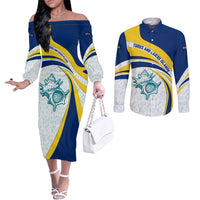 Turks and Caicos Islands Couples Matching Off The Shoulder Long Sleeve Dress and Long Sleeve Button Shirt with Sea Shell Graphic and Yellow Blue Wave Design - Wonder Print Shop
