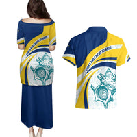 Turks and Caicos Islands Couples Matching Puletasi and Hawaiian Shirt with Sea Shell Graphic and Yellow Blue Wave Design - Wonder Print Shop