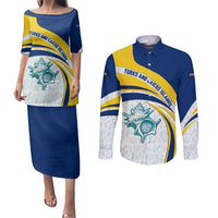 Turks and Caicos Islands Couples Matching Puletasi and Long Sleeve Button Shirt with Sea Shell Graphic and Yellow Blue Wave Design - Wonder Print Shop