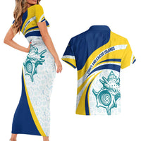 Turks and Caicos Islands Couples Matching Short Sleeve Bodycon Dress and Hawaiian Shirt with Sea Shell Graphic and Yellow Blue Wave Design - Wonder Print Shop