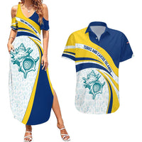 Turks and Caicos Islands Couples Matching Summer Maxi Dress and Hawaiian Shirt with Sea Shell Graphic and Yellow Blue Wave Design - Wonder Print Shop