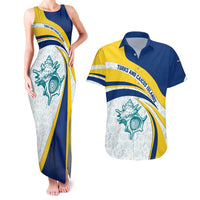 Turks and Caicos Islands Couples Matching Tank Maxi Dress and Hawaiian Shirt with Sea Shell Graphic and Yellow Blue Wave Design - Wonder Print Shop