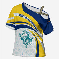 Turks and Caicos Islands Cross Shoulder Shirt with Sea Shell Graphic and Yellow Blue Wave Design - Wonder Print Shop