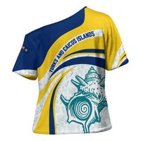 Turks and Caicos Islands Cross Shoulder Shirt with Sea Shell Graphic and Yellow Blue Wave Design - Wonder Print Shop