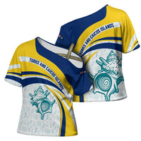Turks and Caicos Islands Cross Shoulder Shirt with Sea Shell Graphic and Yellow Blue Wave Design - Wonder Print Shop