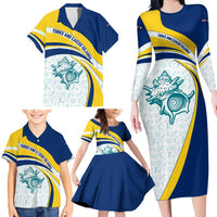 Turks and Caicos Islands Family Matching Long Sleeve Bodycon Dress and Hawaiian Shirt with Sea Shell Graphic and Yellow Blue Wave Design - Wonder Print Shop